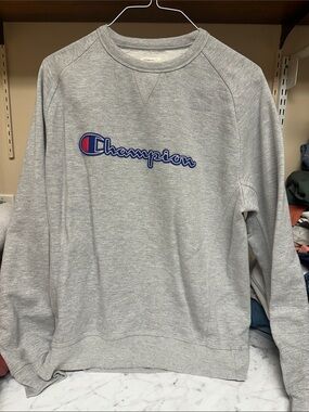 Champion Light Gray Crewneck with Blue & Red Logo